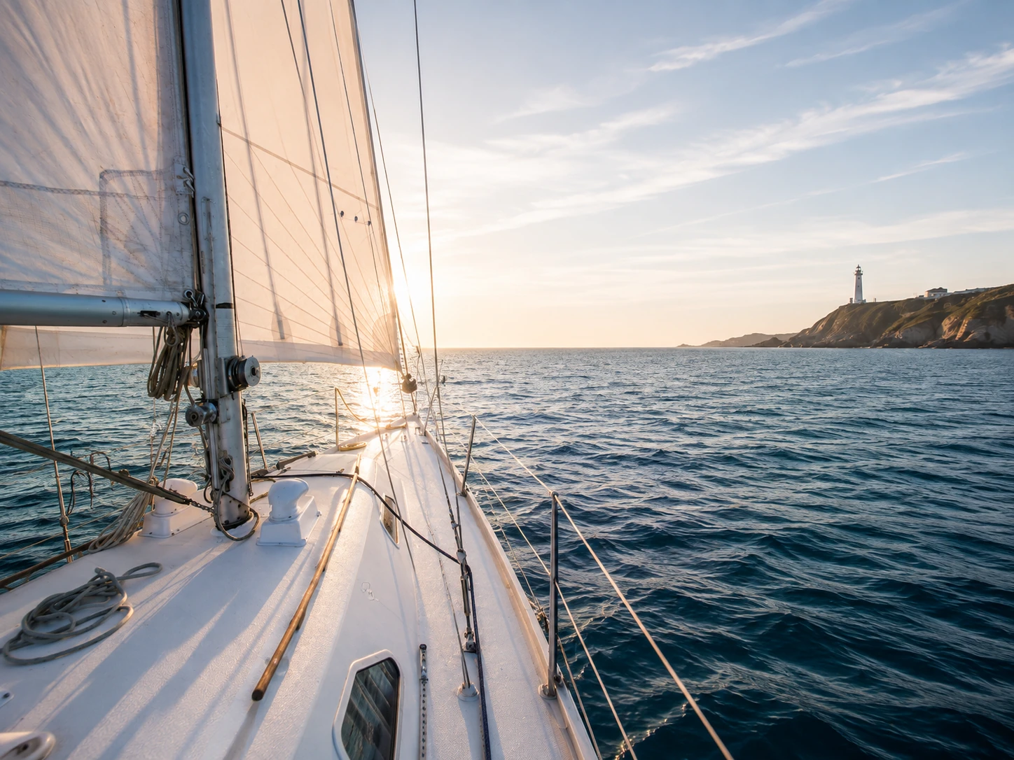 Voilier en mer au large d'une côte avec un phare